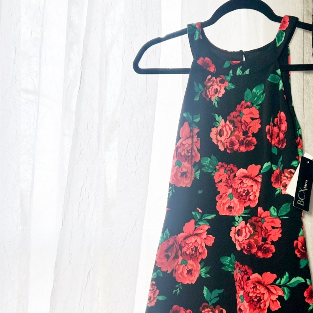 BCX Floral Dress red black elegant spring garden party size 0 NWT